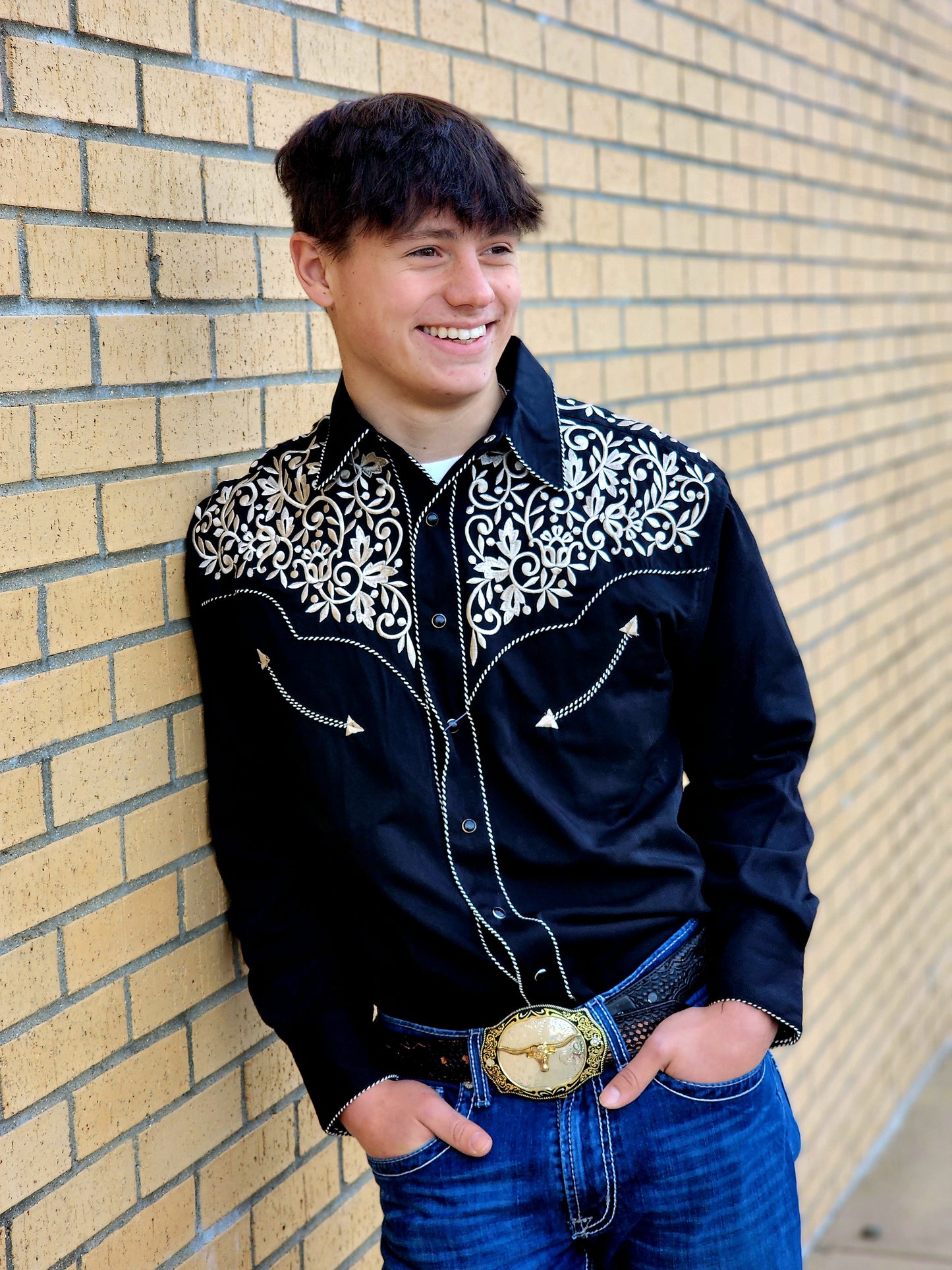 Black Embroidered Western Pearl Snap