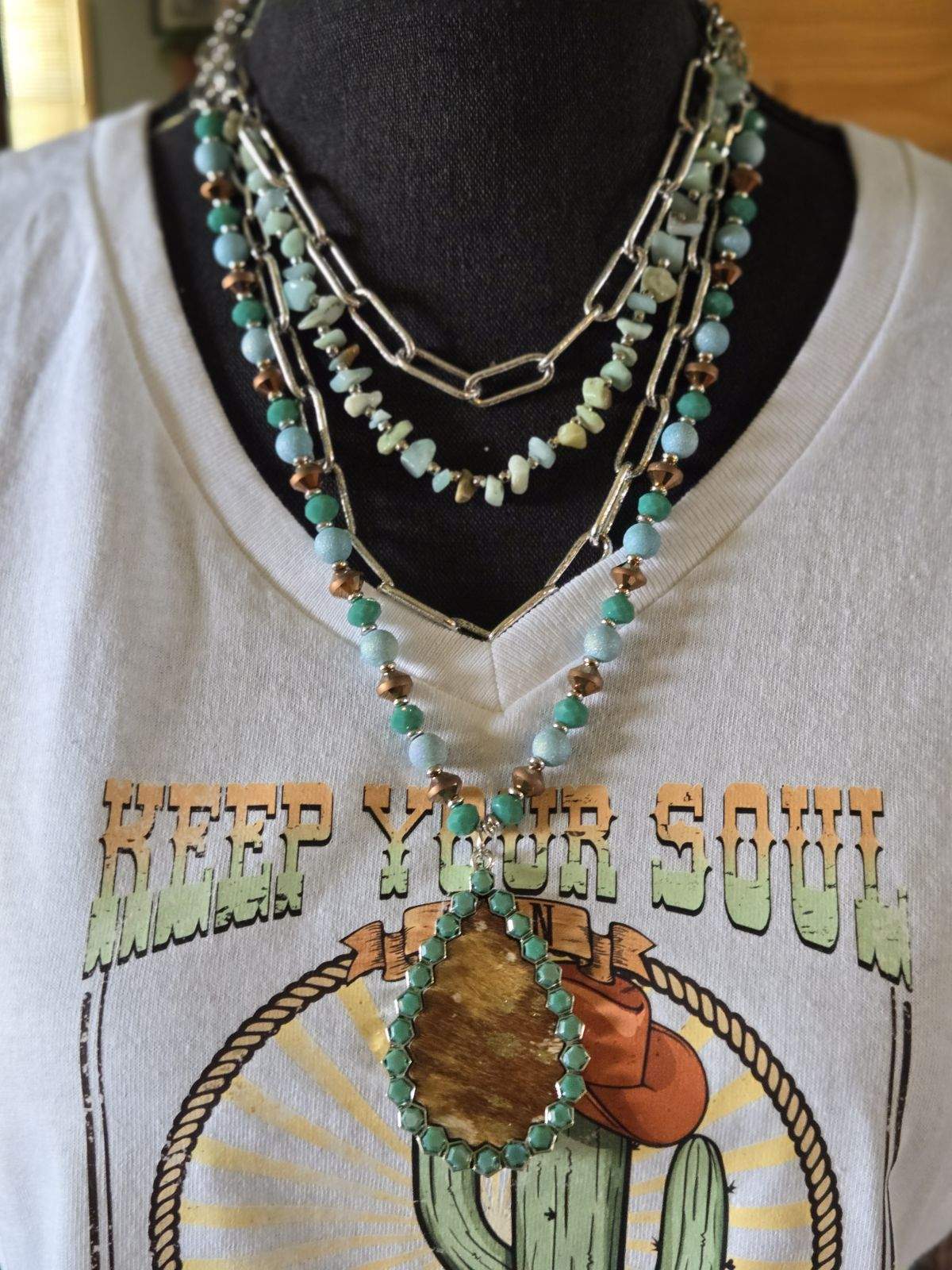 4 layered teal and brown necklace