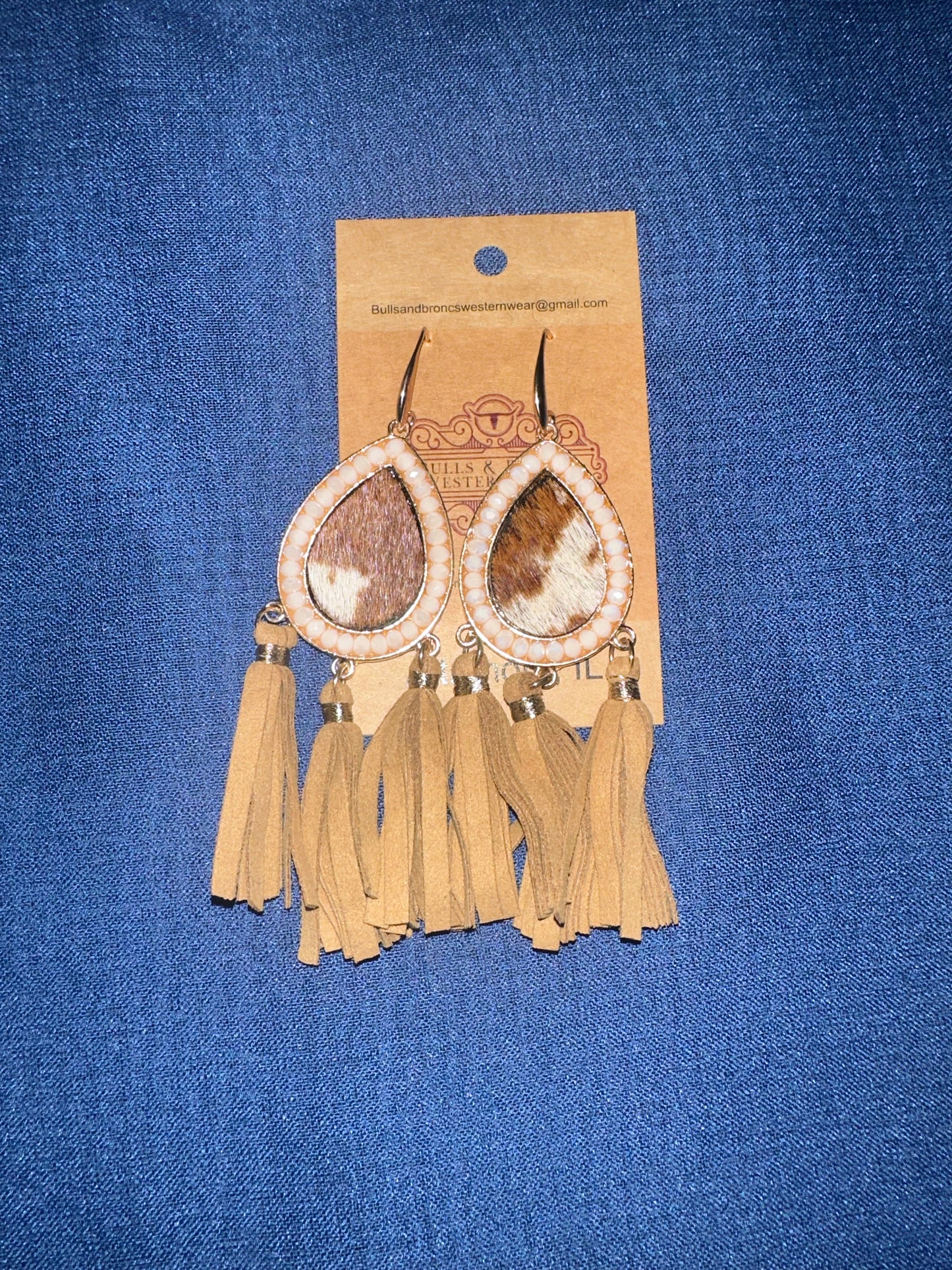 Cowhide fringe teardrop earrings