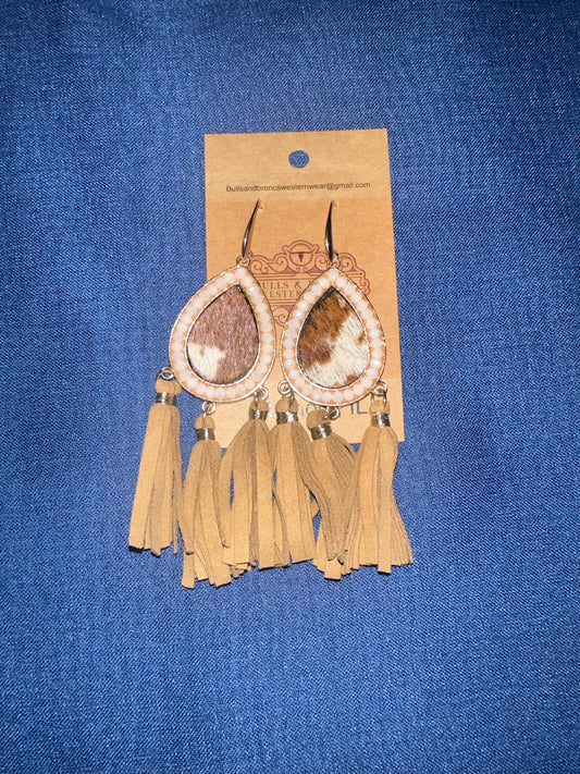 Cowhide fringe teardrop earrings