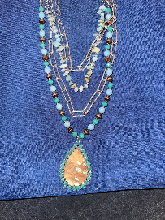 4 layered teal and brown necklace