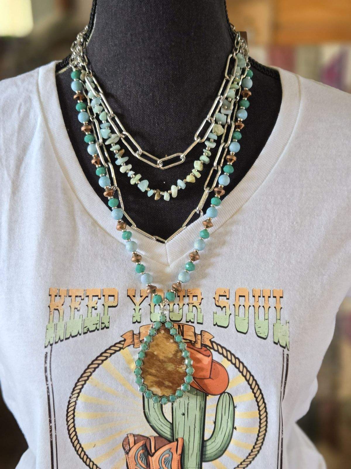 4 layered teal and brown necklace