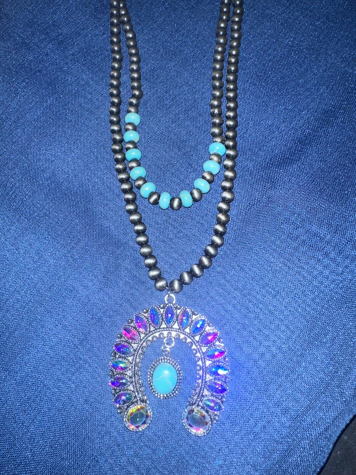 Navajo silver and turquoise iridescent squash necklace