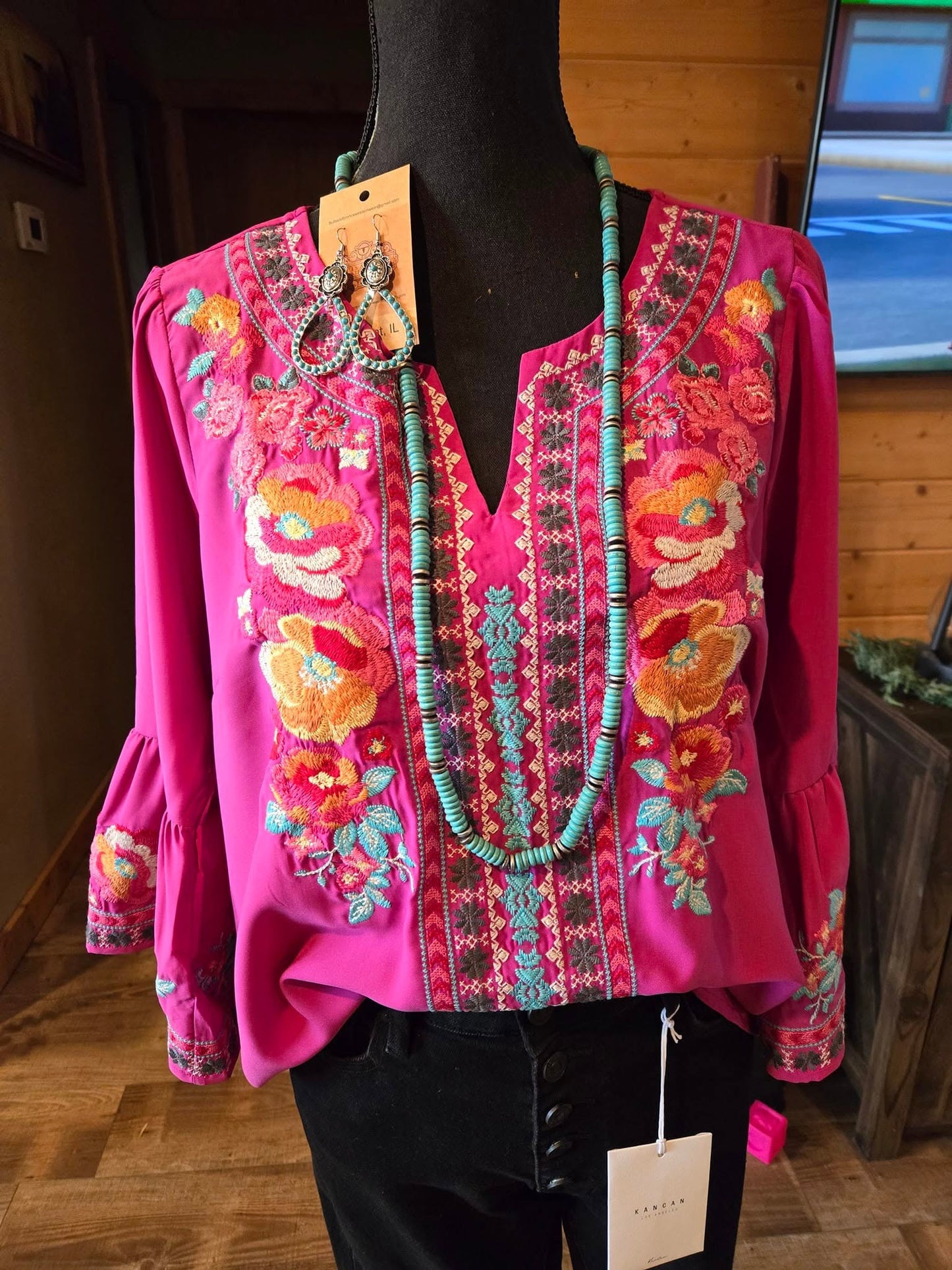 Hot pink bell sleeved floral blouse