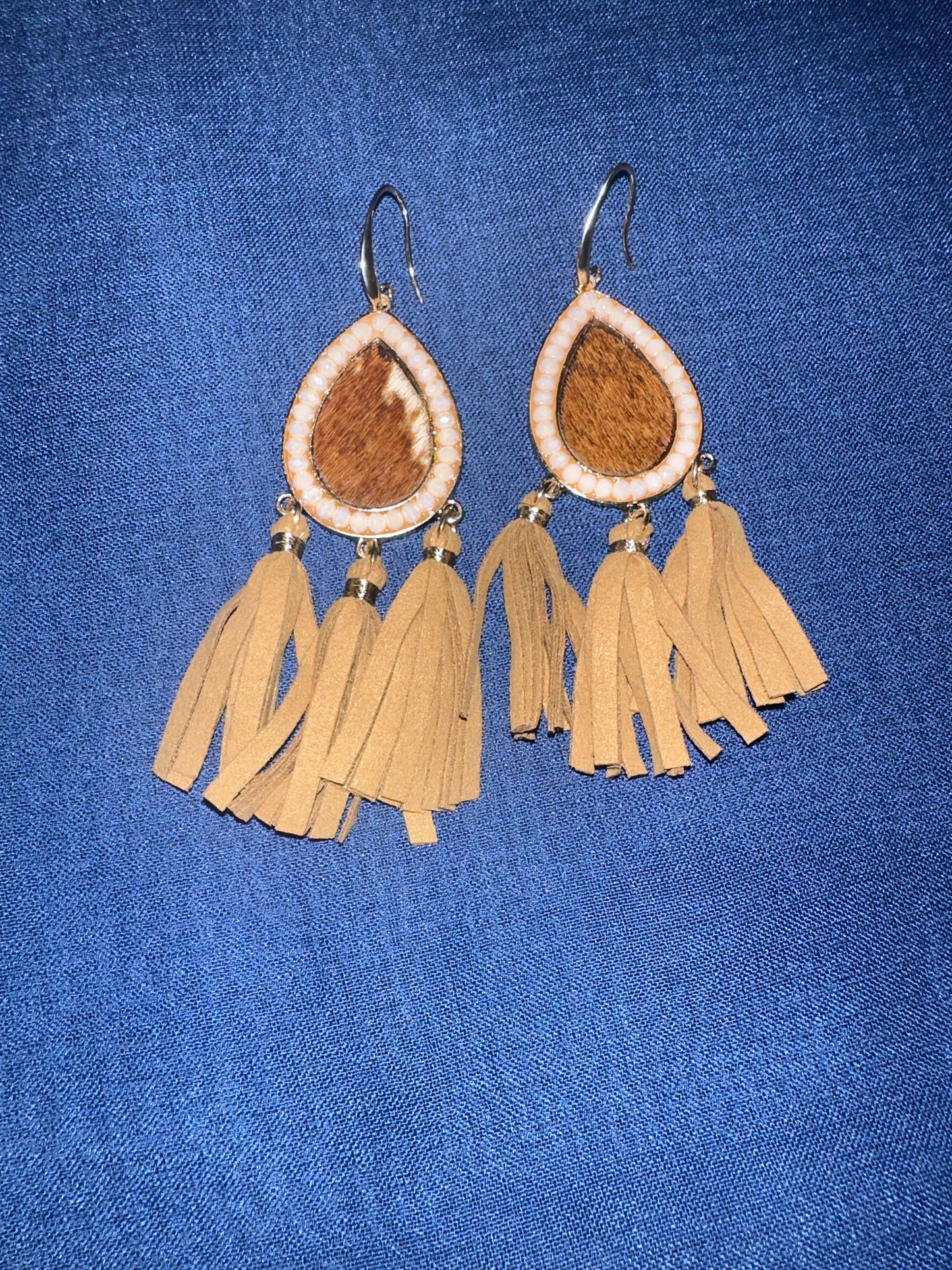 Cowhide fringe teardrop earrings