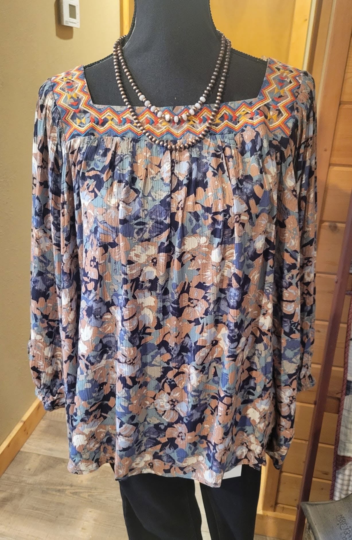 Navy and peach floral blouse plus size